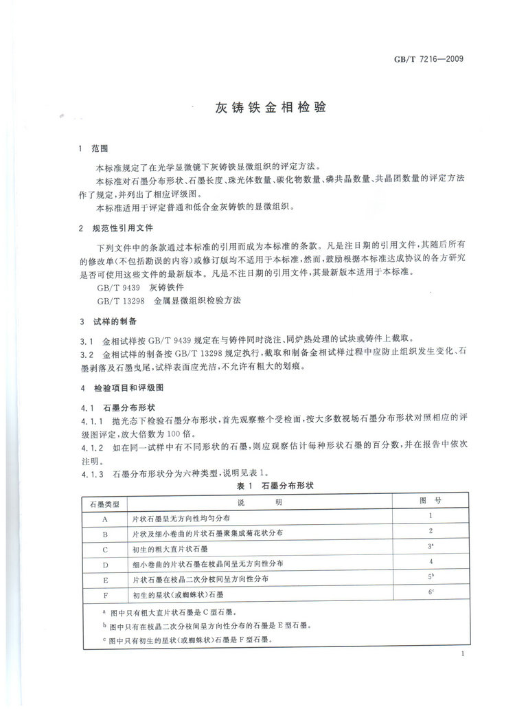 GBT7216-2009灰鑄鐵金相檢驗國家標準